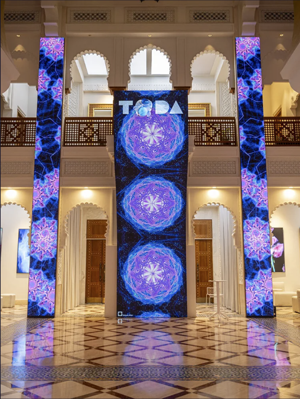 The illuminated foyer of the Theatre of Digital Art, Dubai