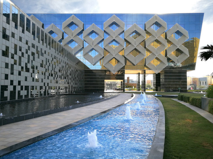 Close-up of the geometric gold facade of the Crowne Plaza Riyadh RDC
