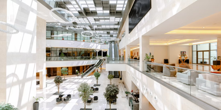 The light-filled atrium lobby of the Crowne Plaza Riyadh RDC